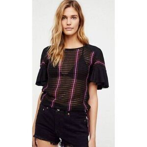 Free People Blouse Top Women's Size XS Crochet Black and Purple Side Tie Top
